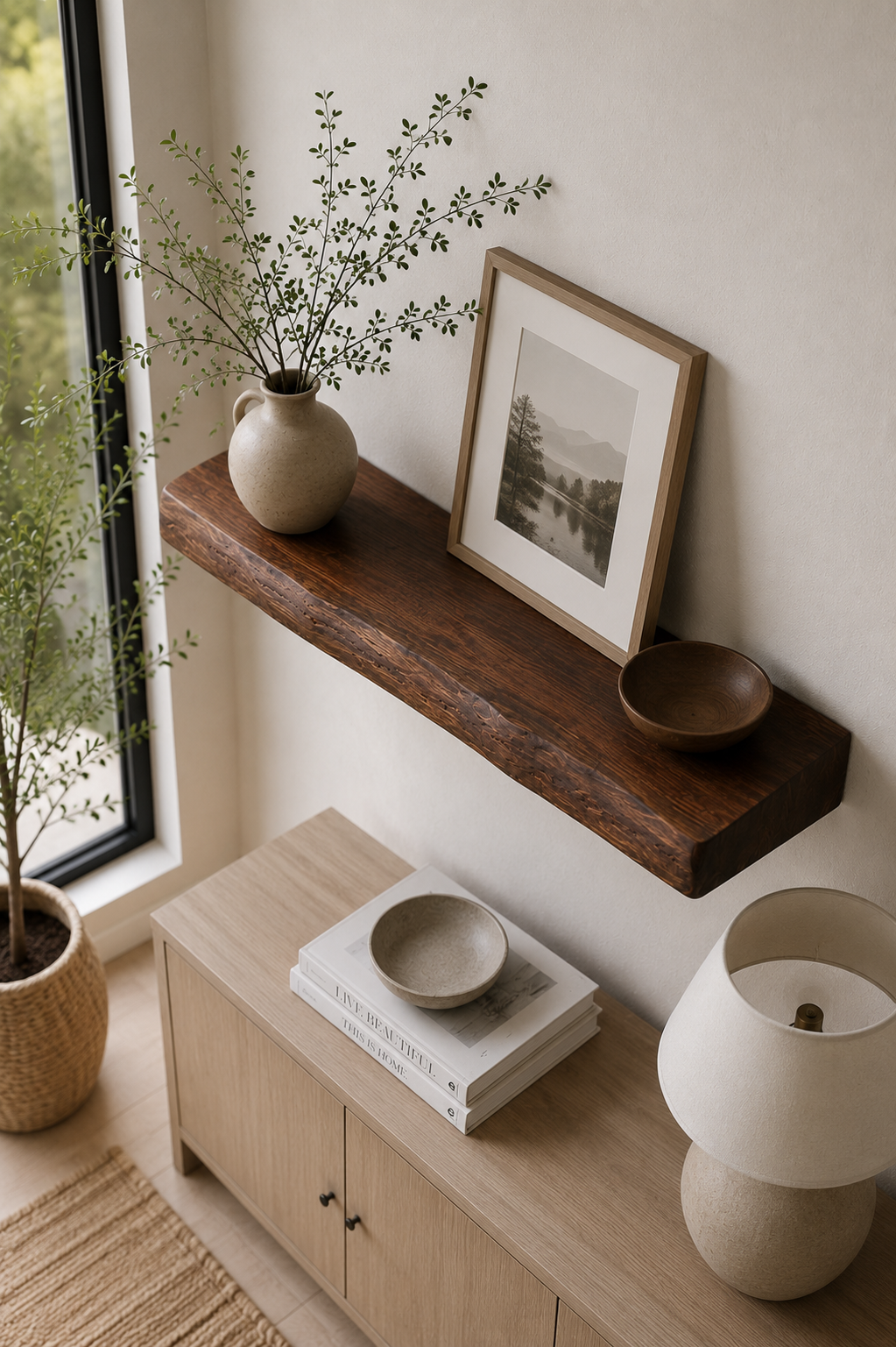 Close view of a walnut-tone redwood shelf showing its grain and live edge.