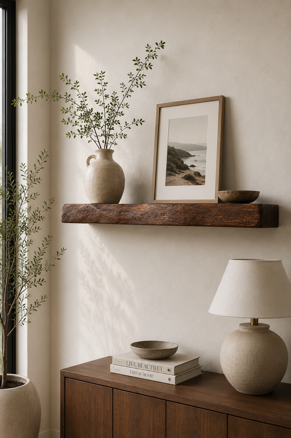 Thick walnut-tone redwood shelf with a sculpted live-edge front.
