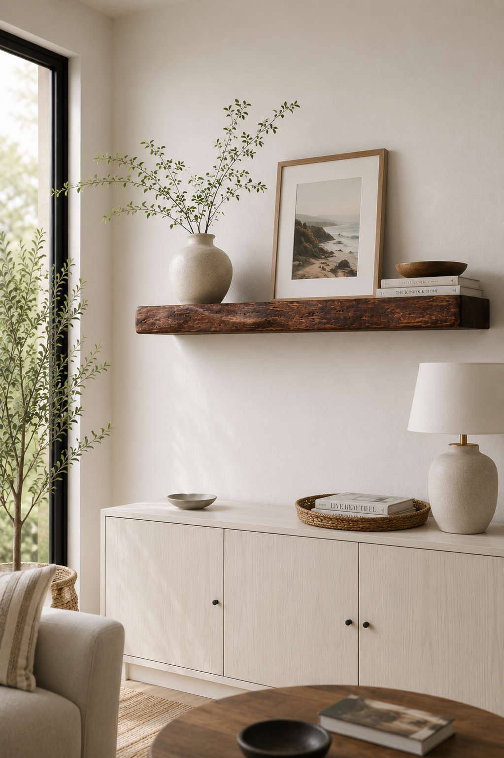 Redwood live-edge shelf displayed above a light-colored cabinet.