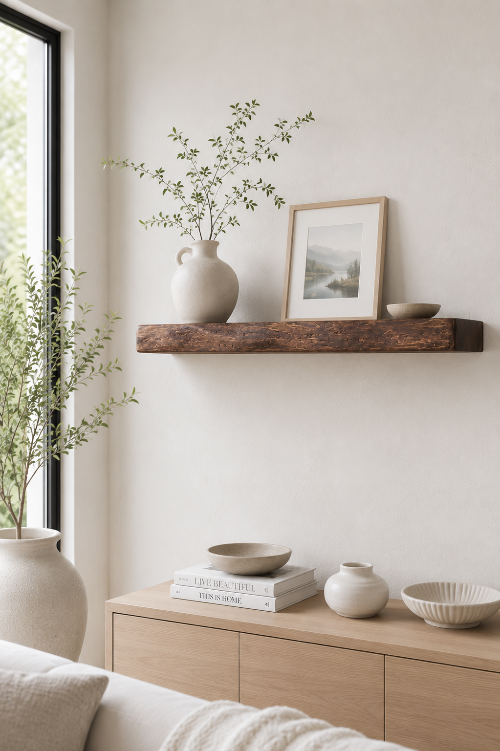 Redwood shelf with a textured front edge and warm wood grain.