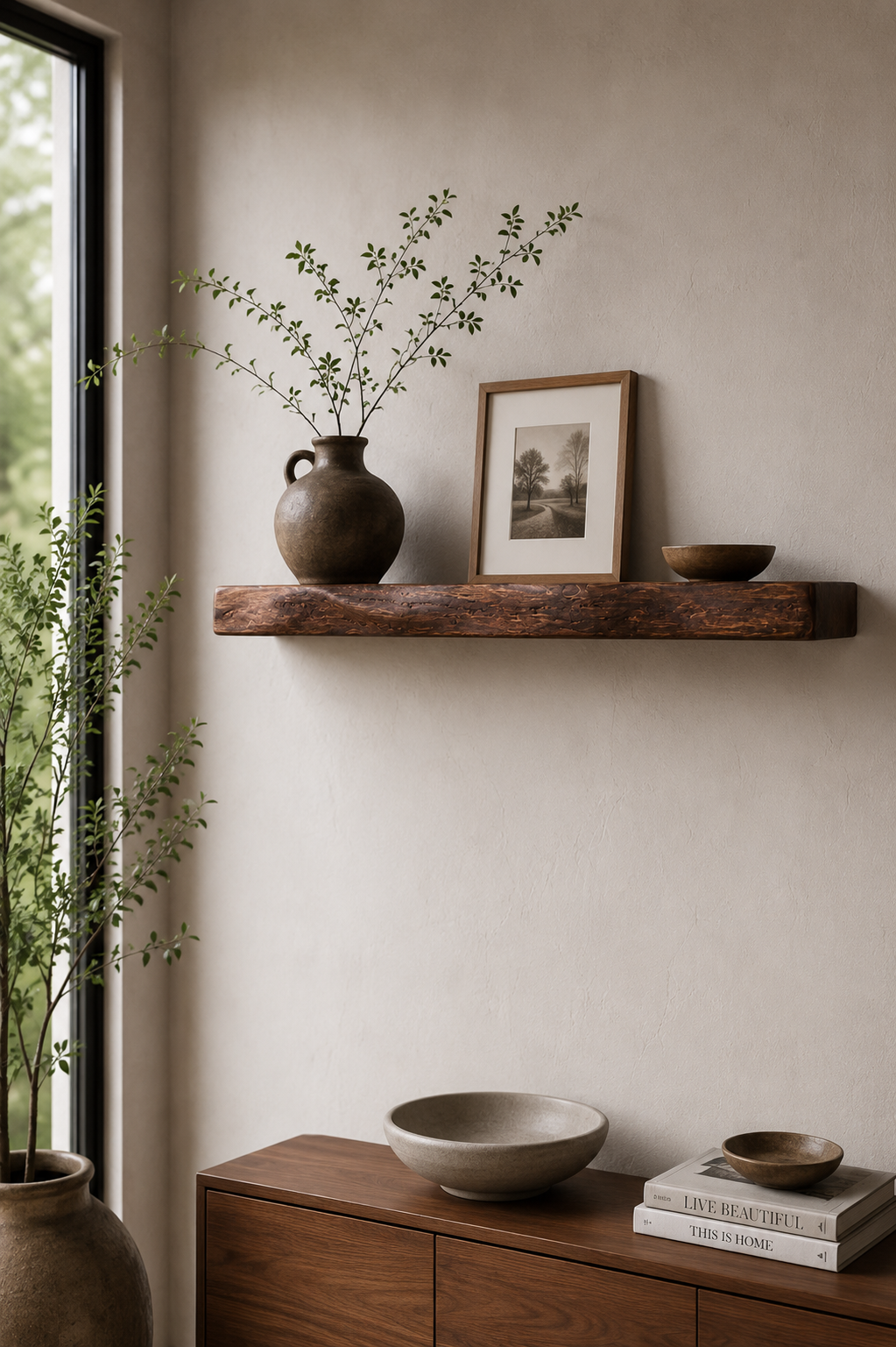 Redwood floating shelf shown in a calm, neutral living room.