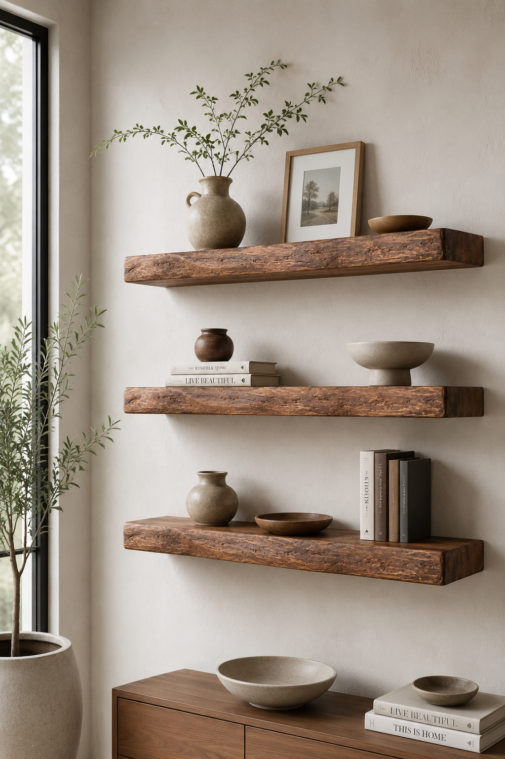 Three walnut-tone redwood shelves arranged as a layered wall display.