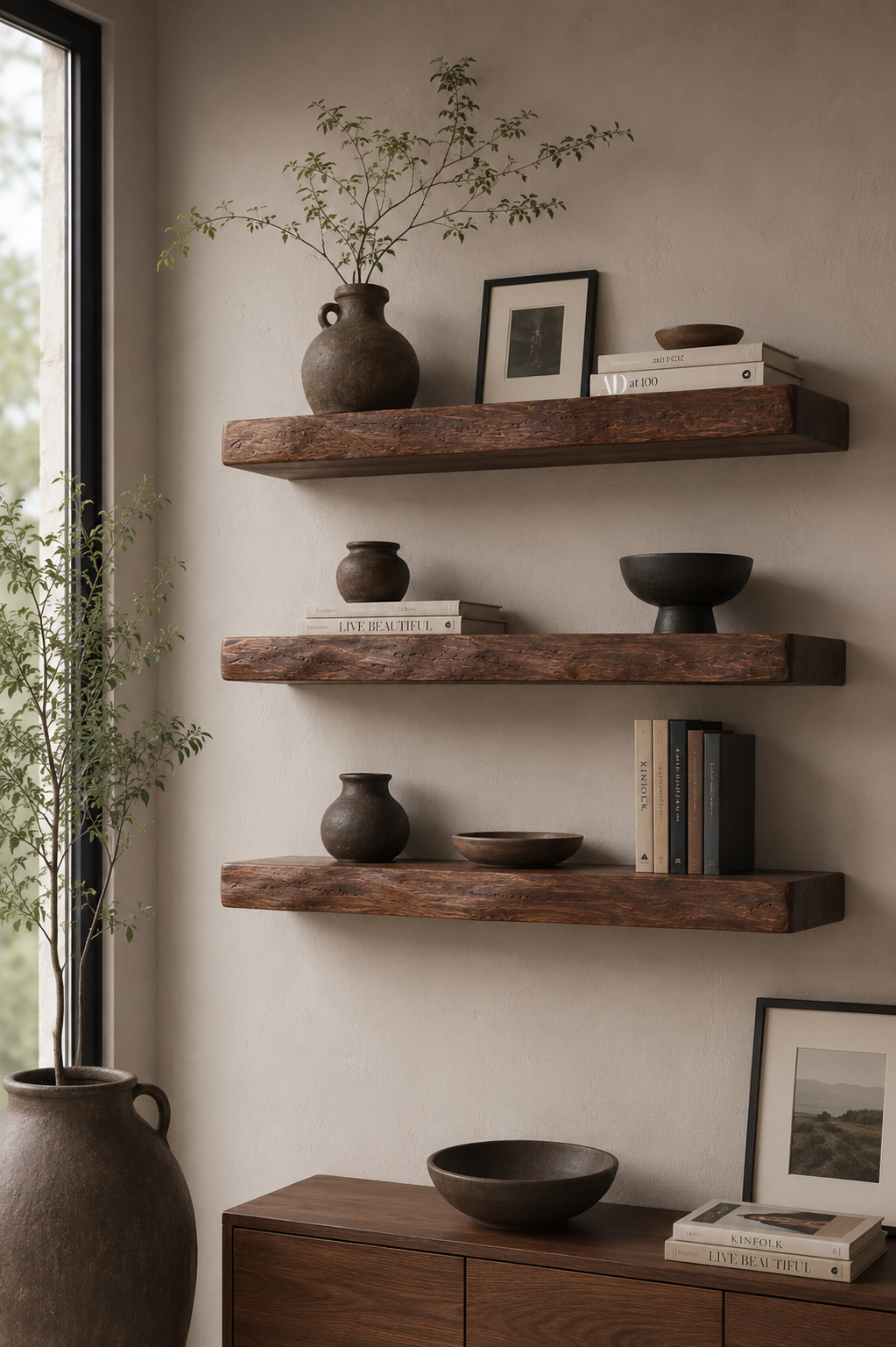 Three redwood floating shelves styled with books and pottery.