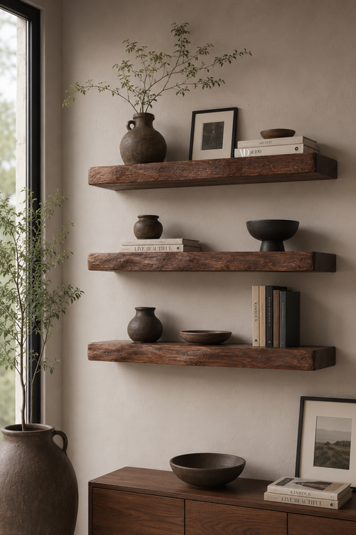 Three redwood floating shelves styled with books and pottery.