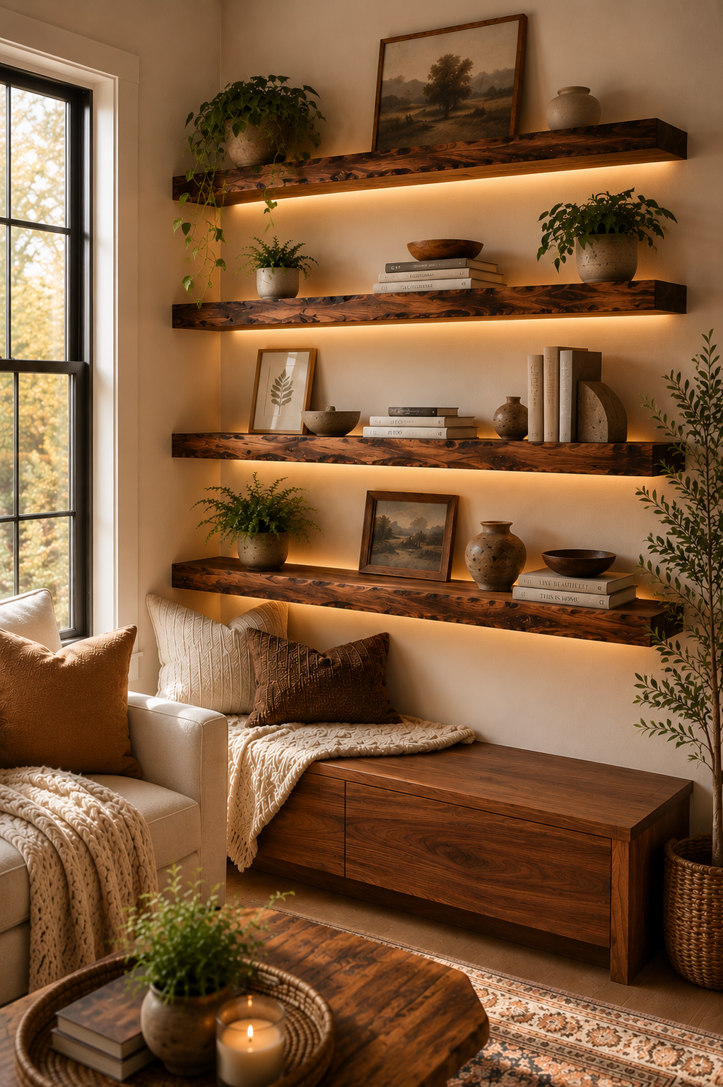Redwood shelves shown with decorative lighting; LED lighting is not included.