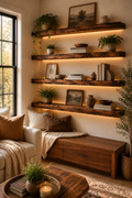 Redwood shelves shown with decorative lighting; LED lighting is not included.