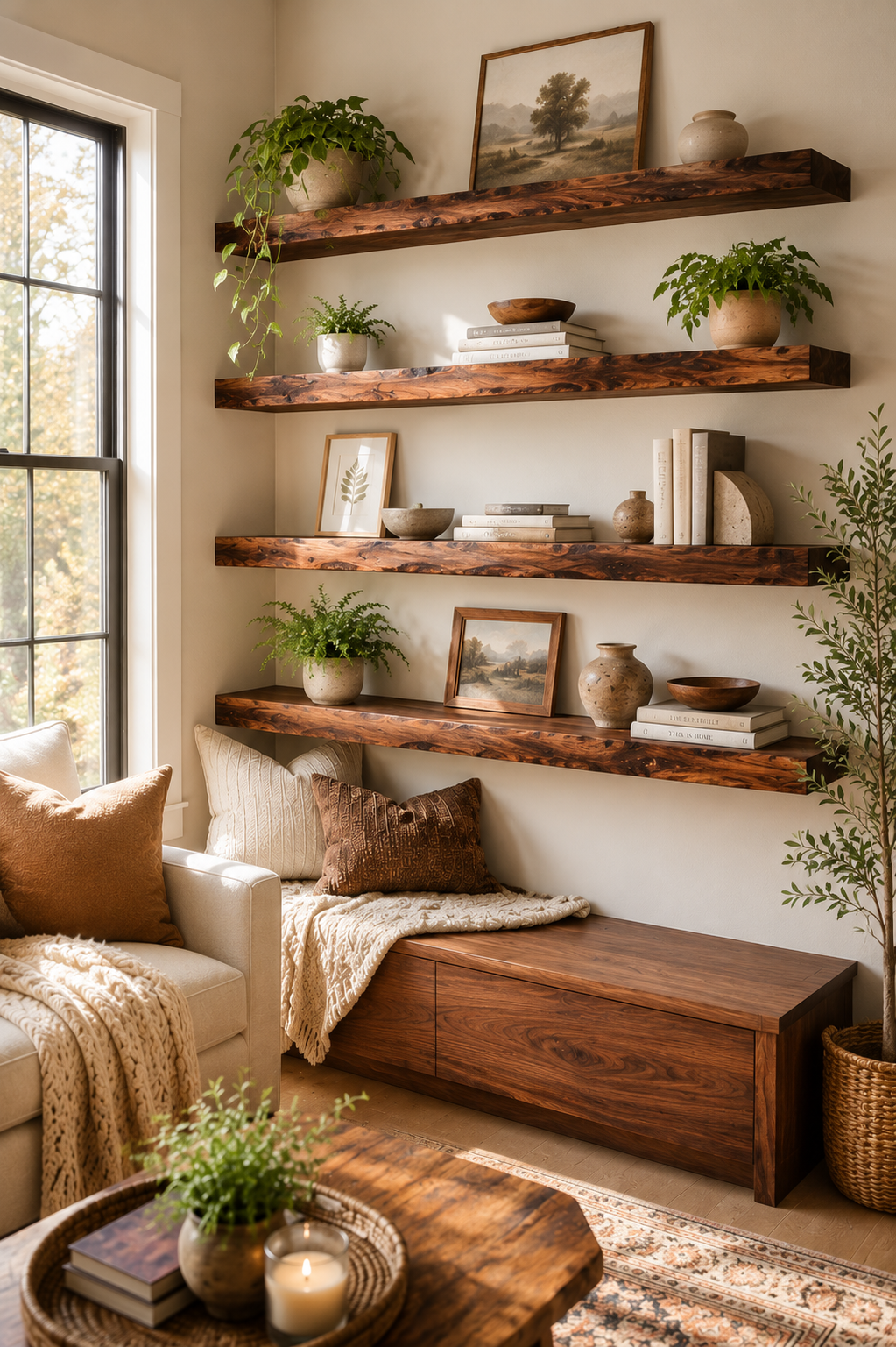 Redwood floating shelves arranged with books, plants, and decor.