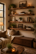 Redwood shelves arranged with books, plants, and decorative objects.