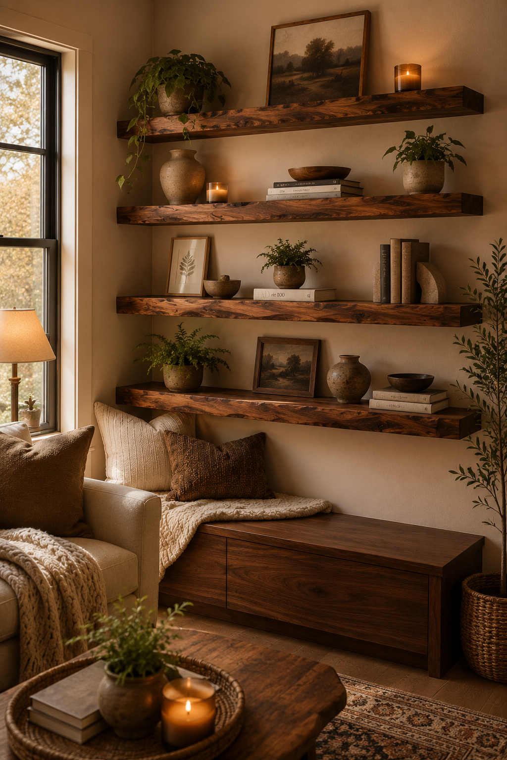 Redwood shelves arranged with books, plants, and decorative objects.