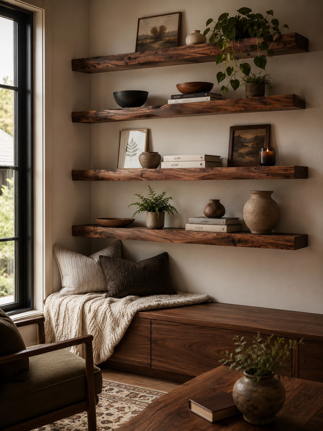 Redwood floating shelves arranged with decor in a living room.