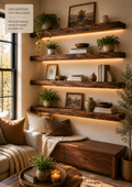 Redwood shelves shown with decorative lighting; LED lighting is not included.