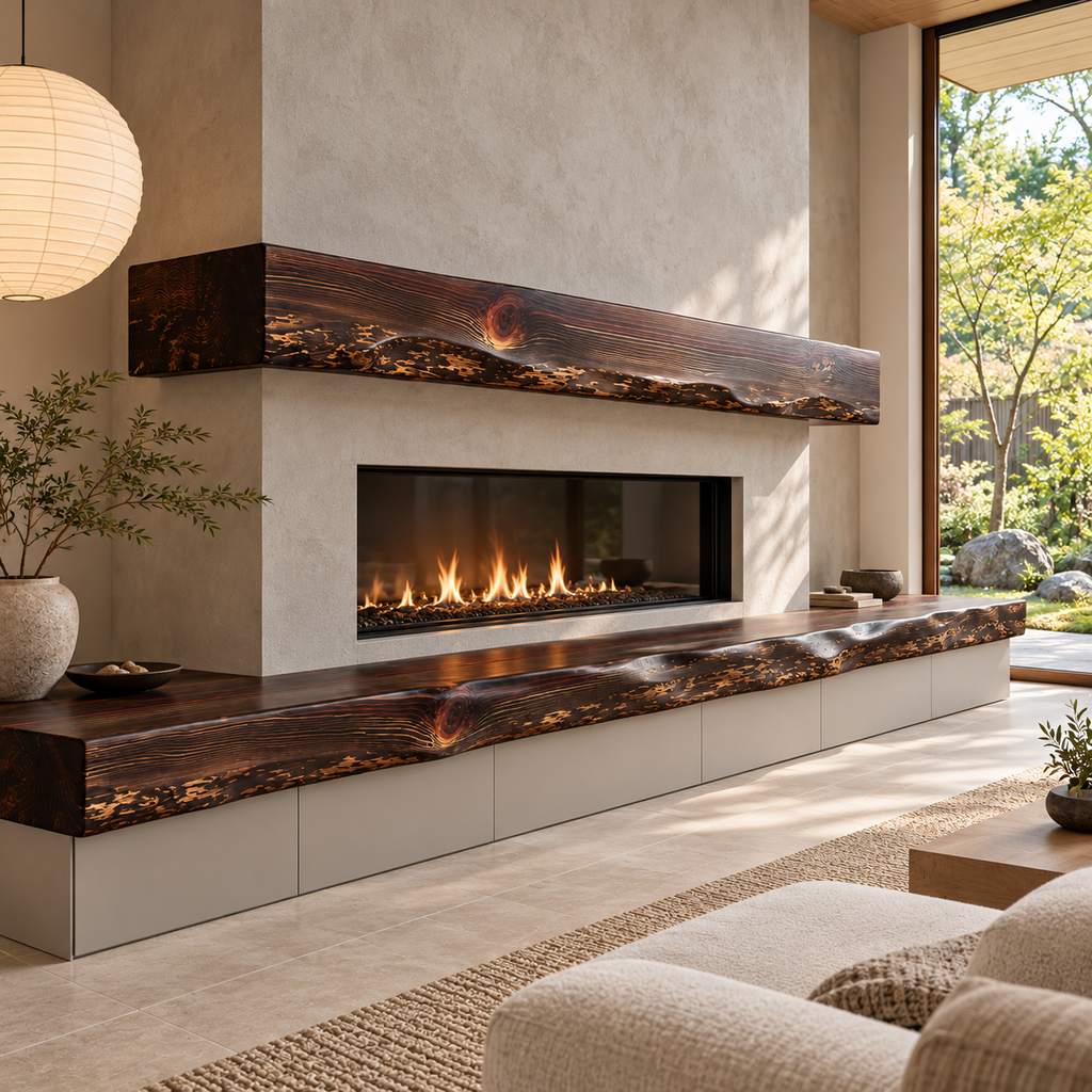 Japandi fireplace design with a dark walnut-stained redwood live edge bench and matching mantel