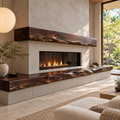 Japandi fireplace design with a dark walnut-stained redwood live edge bench and matching mantel