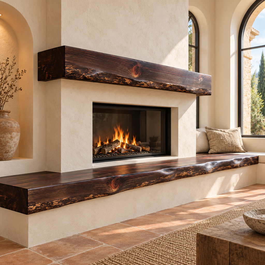 Mediterranean stucco fireplace with a walnut-stained redwood hearth bench, arches and terracotta floor