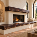 Mediterranean stucco fireplace with a walnut-stained redwood hearth bench, arches and terracotta floor
