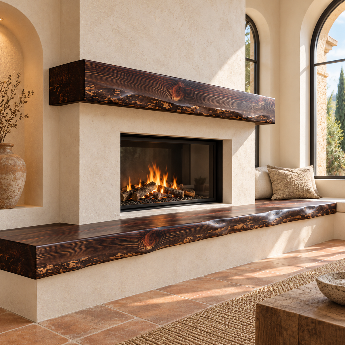 Mediterranean stucco fireplace with a walnut-stained redwood hearth bench, arches and terracotta floor