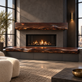 Modern charcoal fireplace wall with a dark walnut-stained redwood live edge bench and matching mantel