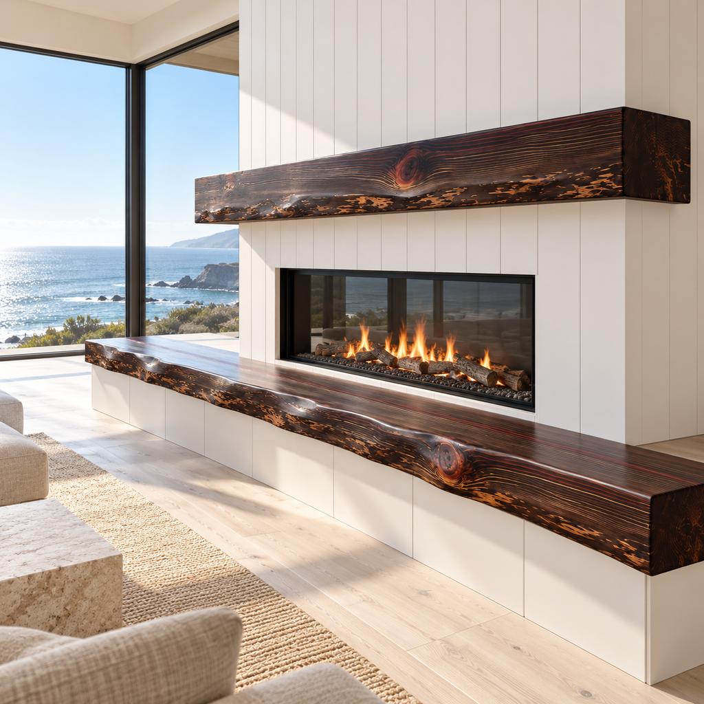 Bright coastal living room with white fireplace paneling and a dark redwood live edge bench in walnut stain