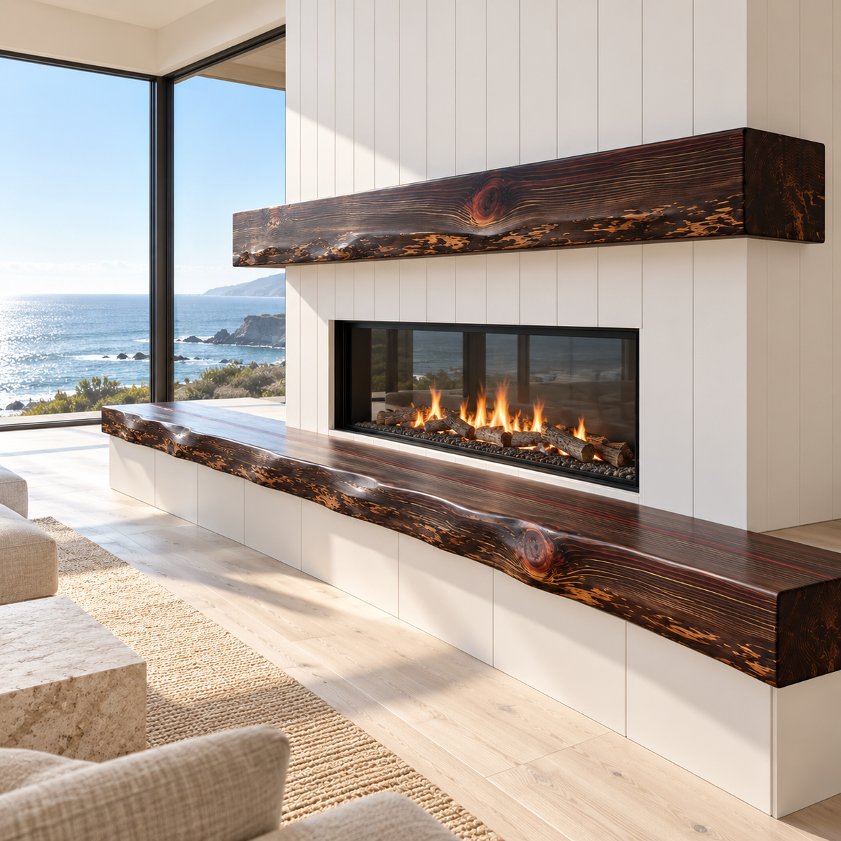 Bright coastal living room with white fireplace paneling and a dark redwood live edge bench in walnut stain
