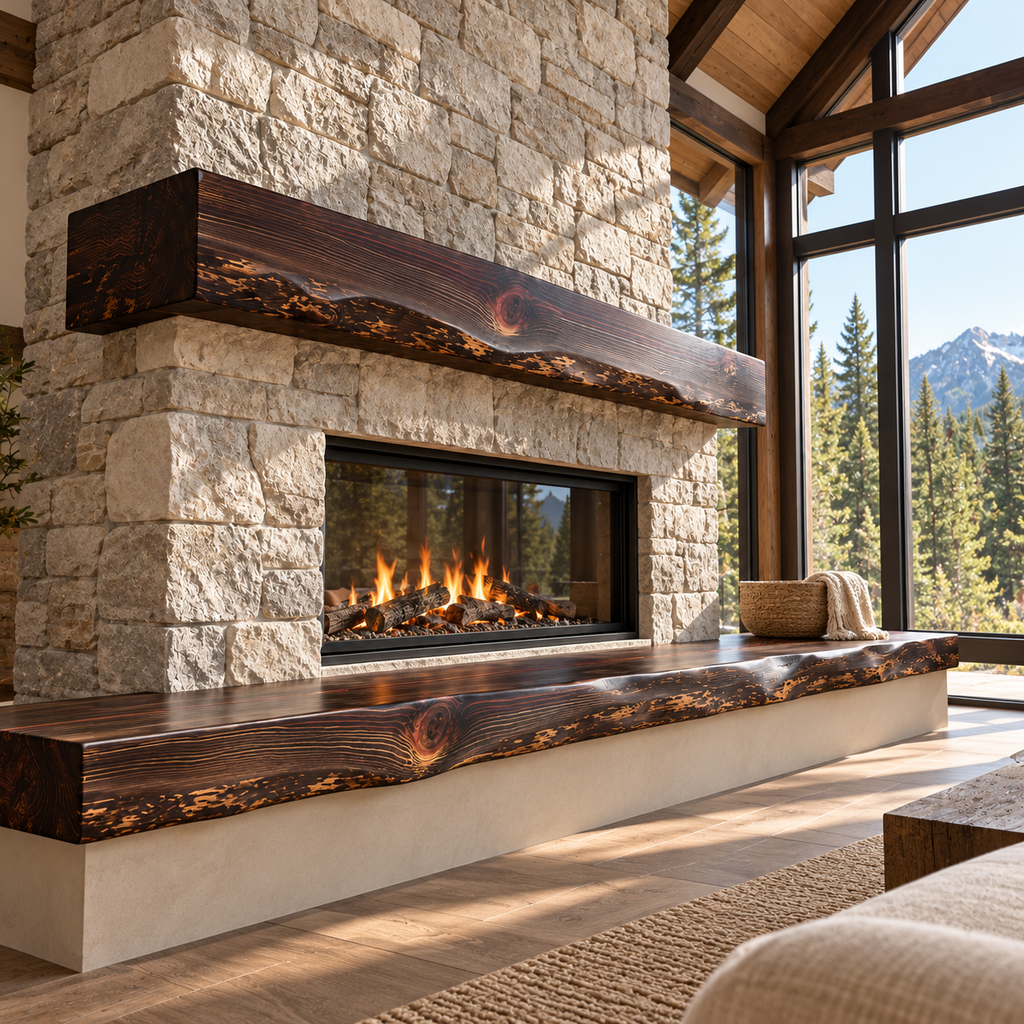 Mountain living room with a stone fireplace and walnut-stained redwood live edge hearth bench