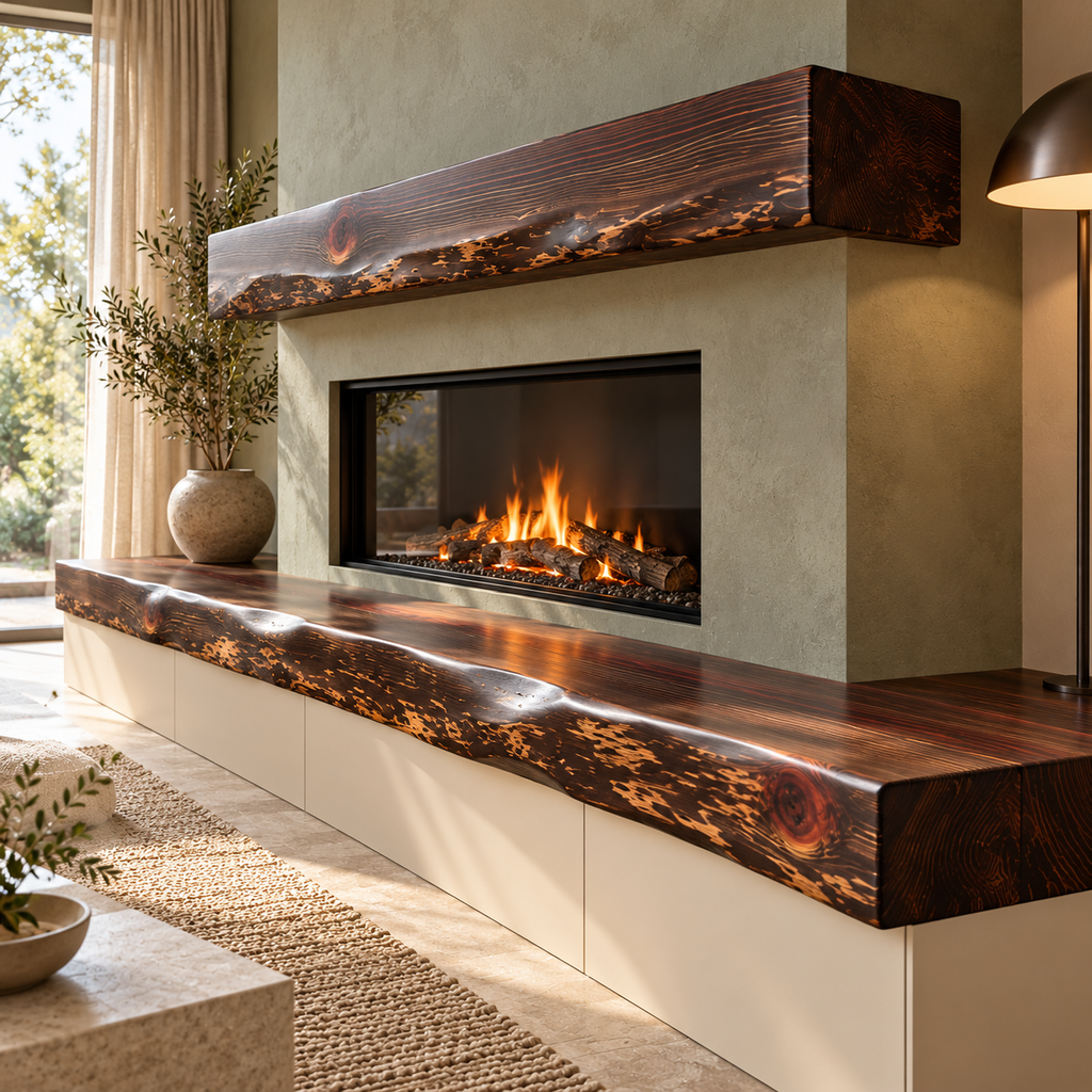 Sage green fireplace wall with a dark walnut-stained redwood built-in bench top and matching mantel
