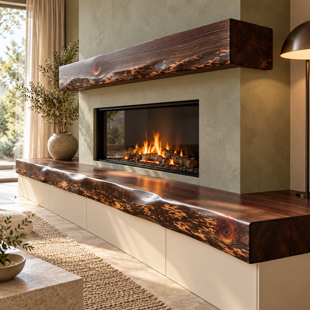 Sage green fireplace wall with a dark walnut-stained redwood built-in bench top and matching mantel