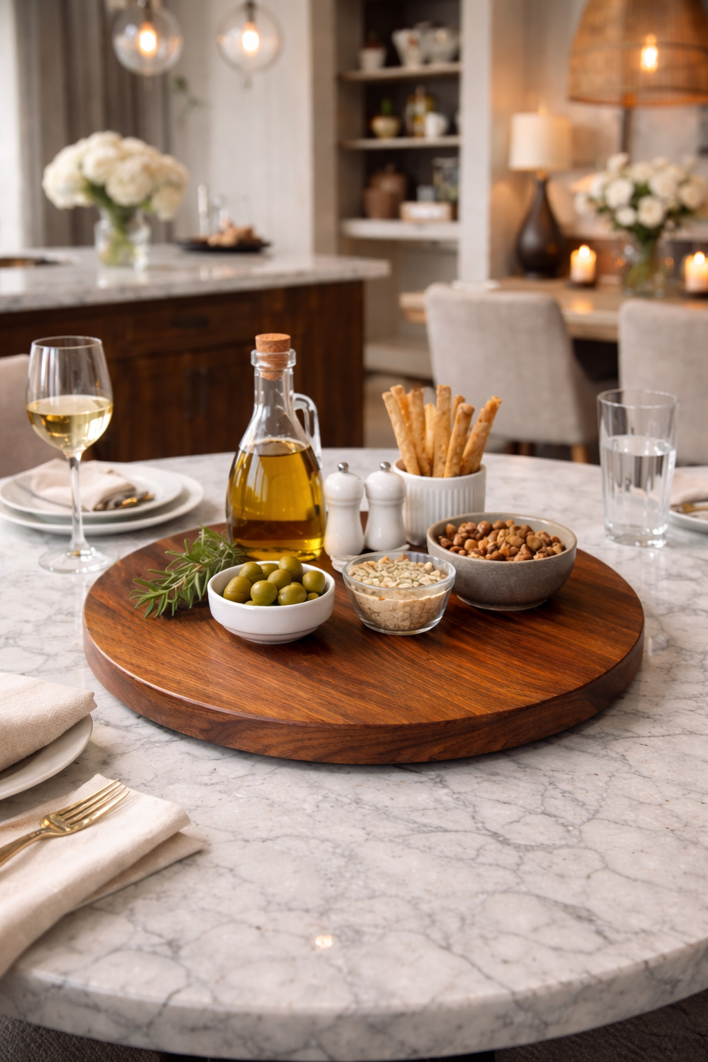 round solid wood lazy susan charcuterie board rotating serving tray farmhouse dining table