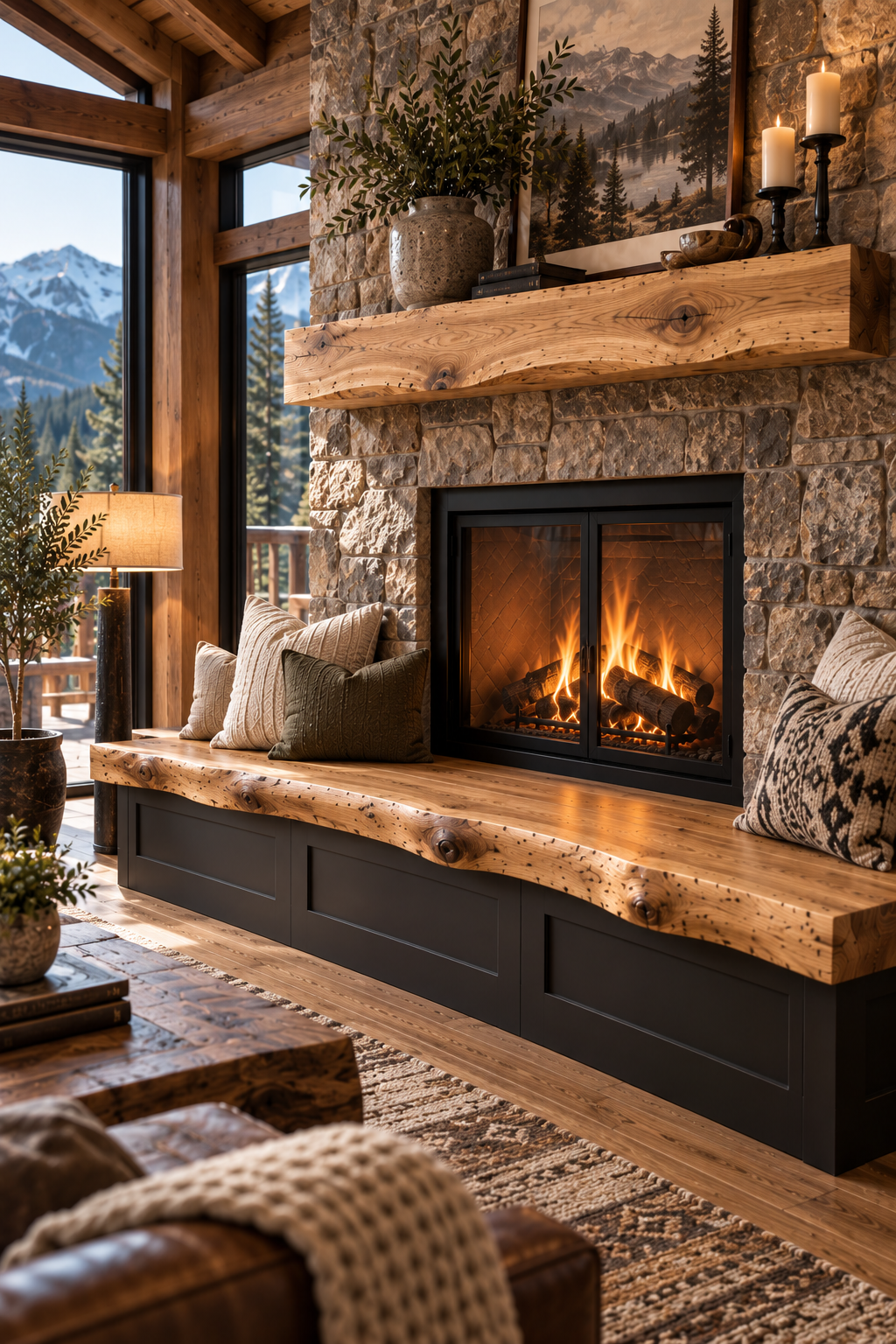 Rustic white oak fireplace hearth bench in lodge interior