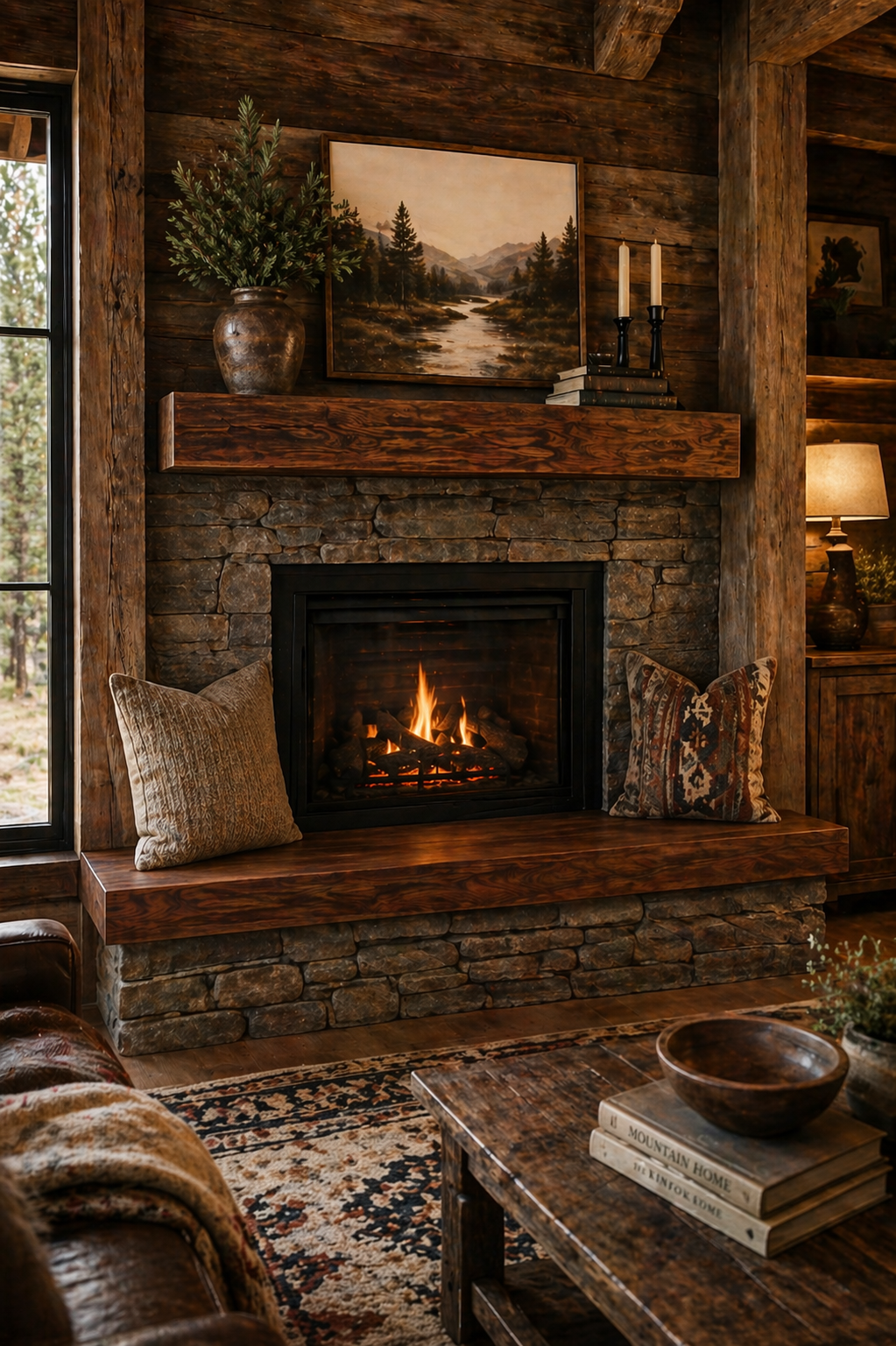rustic fireplace bench walnut wood warm interior seating design