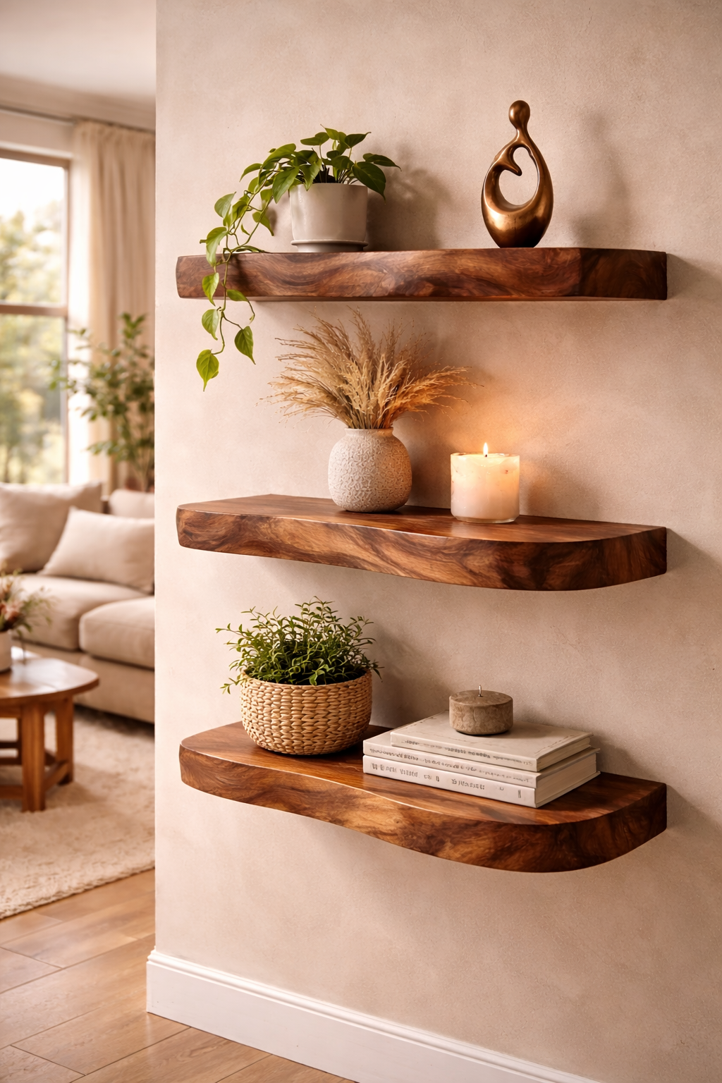 rustic wood floating shelves decor with plants and ceramics