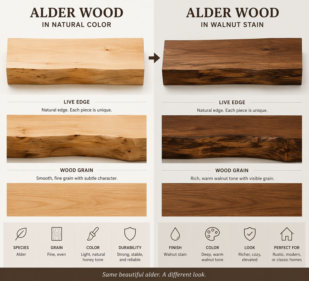 solid alder fireplace mantel live edge wood beam warm stain finish