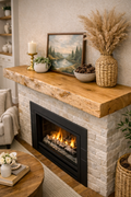 solid oak fireplace mantel with live edge above modern gas fireplace