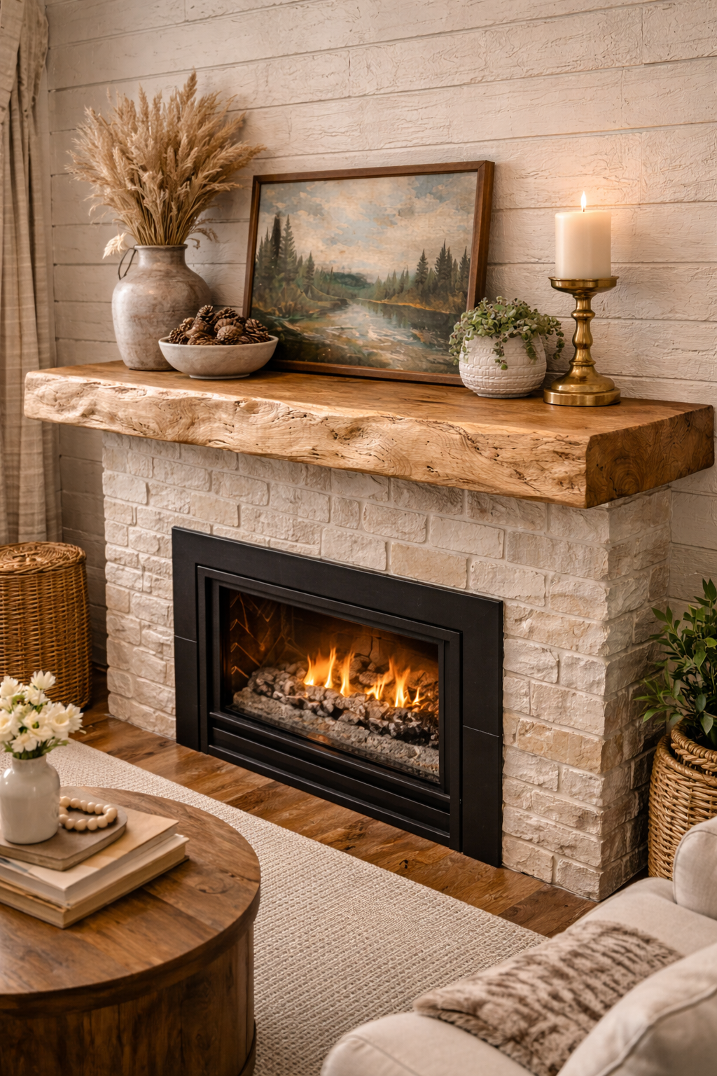 solid oak floating mantel in cozy living room setting