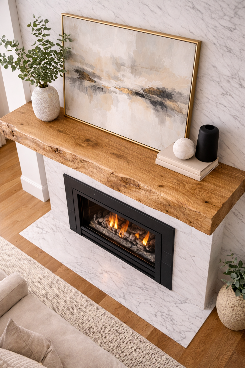 solid wood fireplace shelf in modern farmhouse interior design