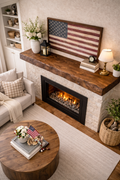 solid wood floating mantel shelf styled with patriotic wall art