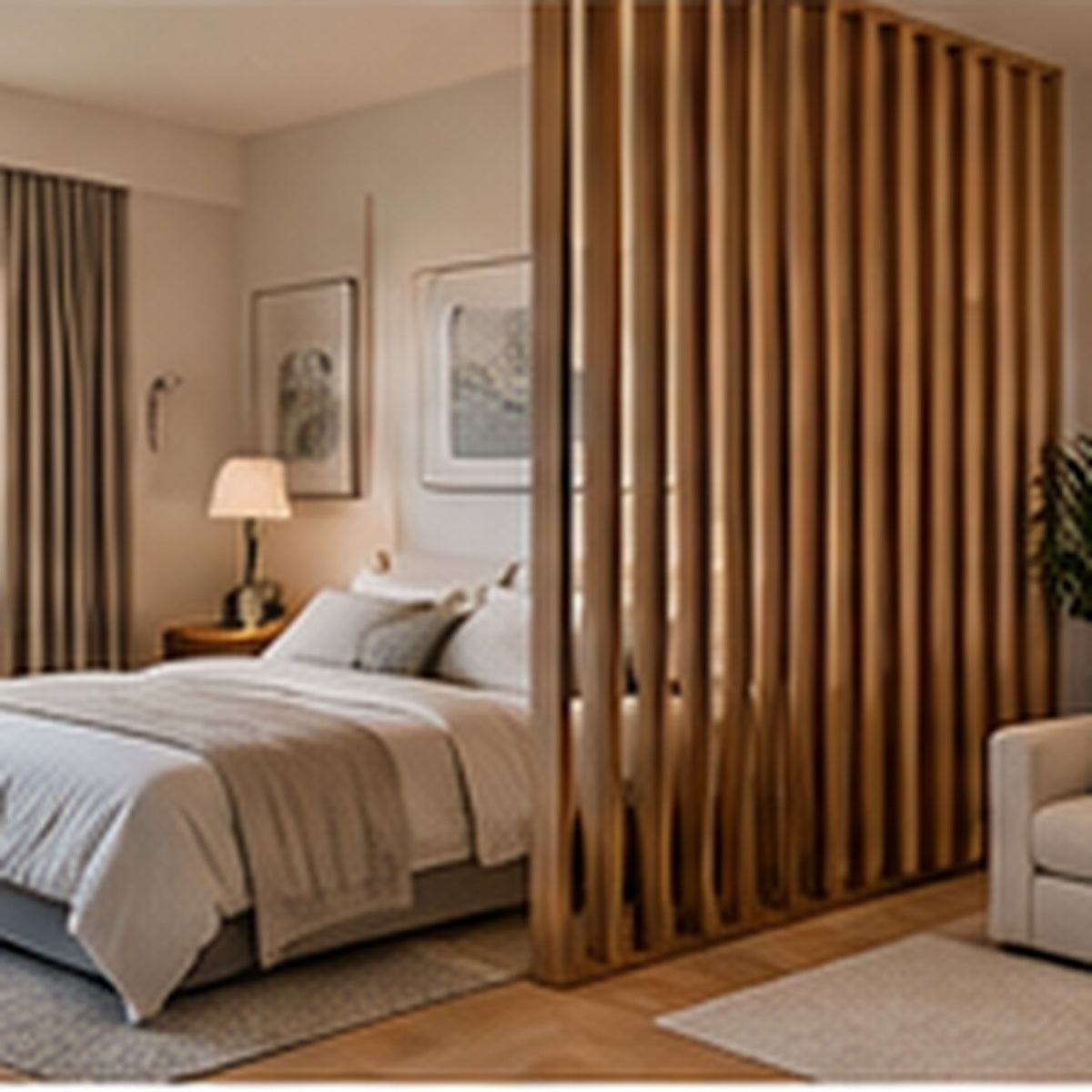 Studio apartment wood slat room divider
