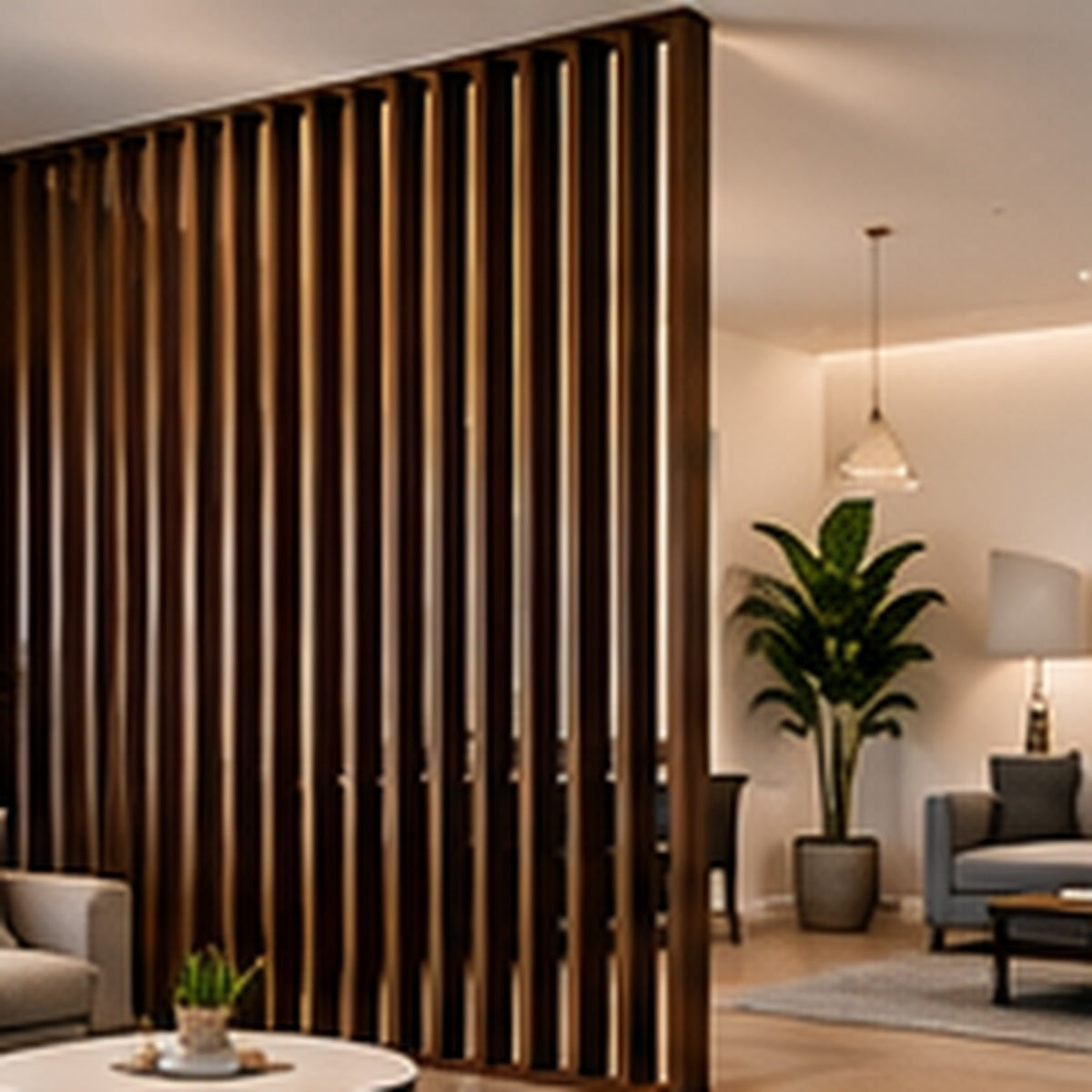 Walnut finish wood slat room divider