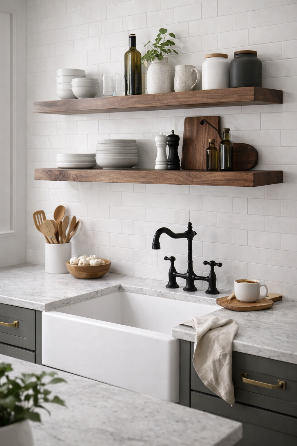 Two walnut floating shelves above a farmhouse sink in a bright white-tile kitchen