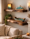 Thick walnut floating shelves with natural live edge in a cozy room