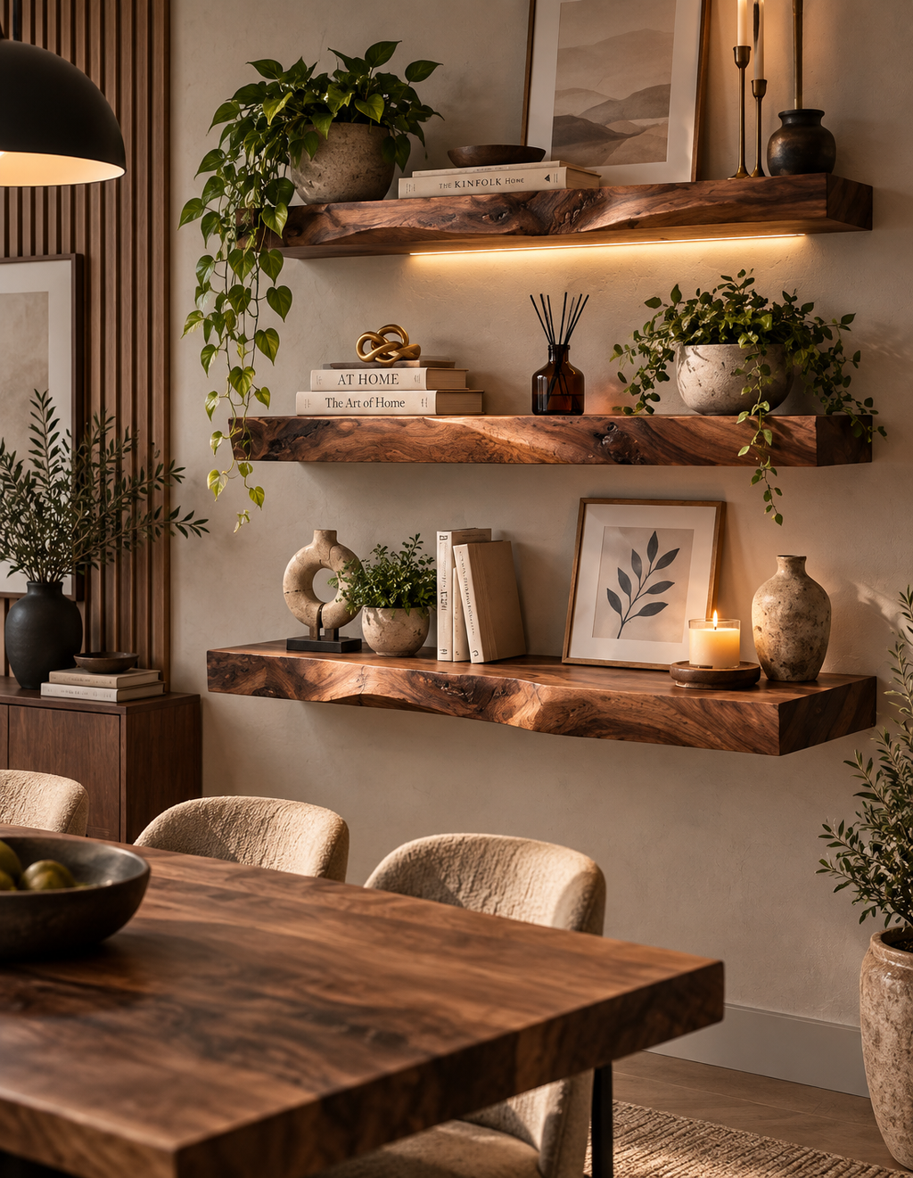 Live edge walnut floating shelves with modern home decor