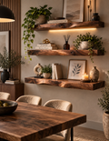 Live edge walnut floating shelves with modern home decor