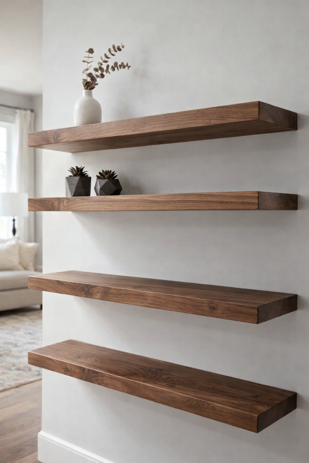 Four walnut floating shelves arranged vertically on a white wall with simple decor