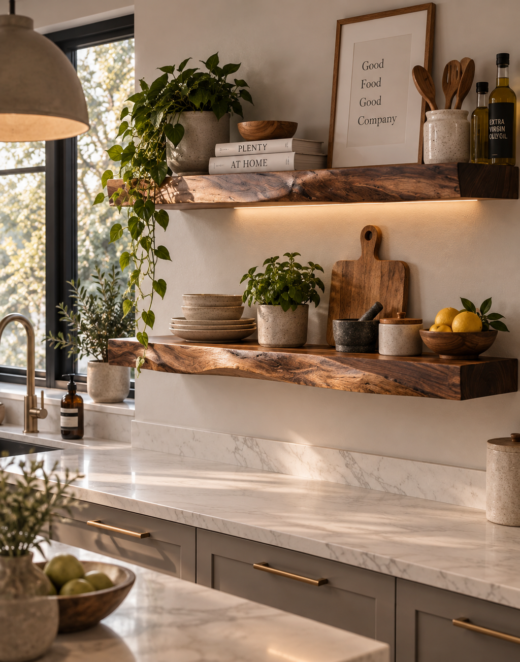 Walnut live edge floating shelves styled in a modern kitchen