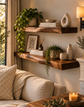 Live edge walnut floating shelves styled in a warm modern living room
