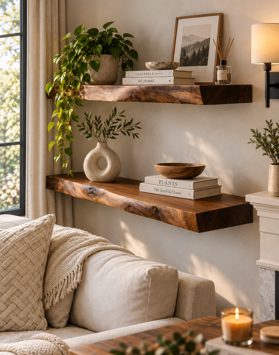 Solid walnut floating shelves with live edge in a cozy neutral living room