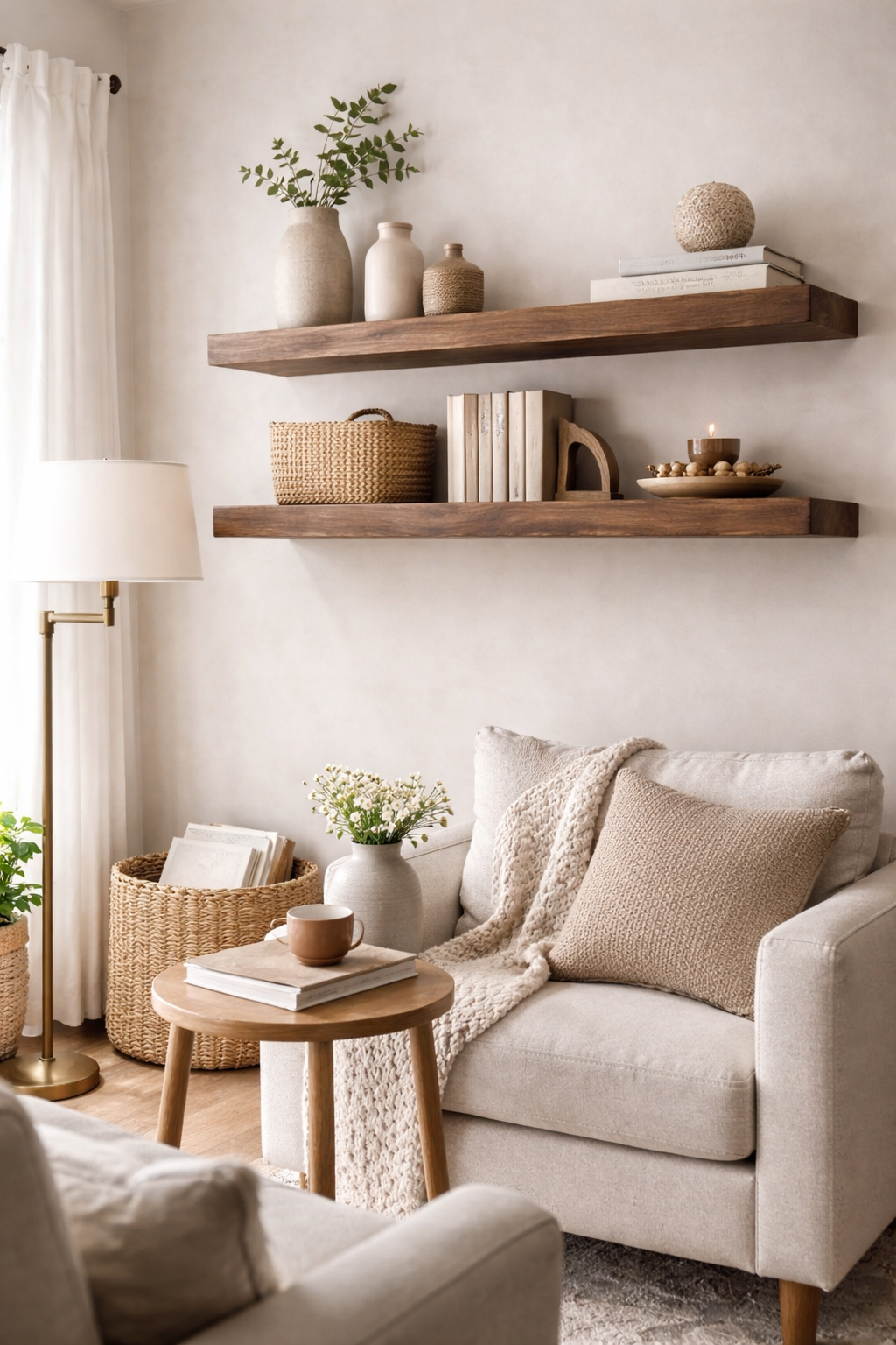Two solid walnut floating shelves above a sofa in a neutral living room