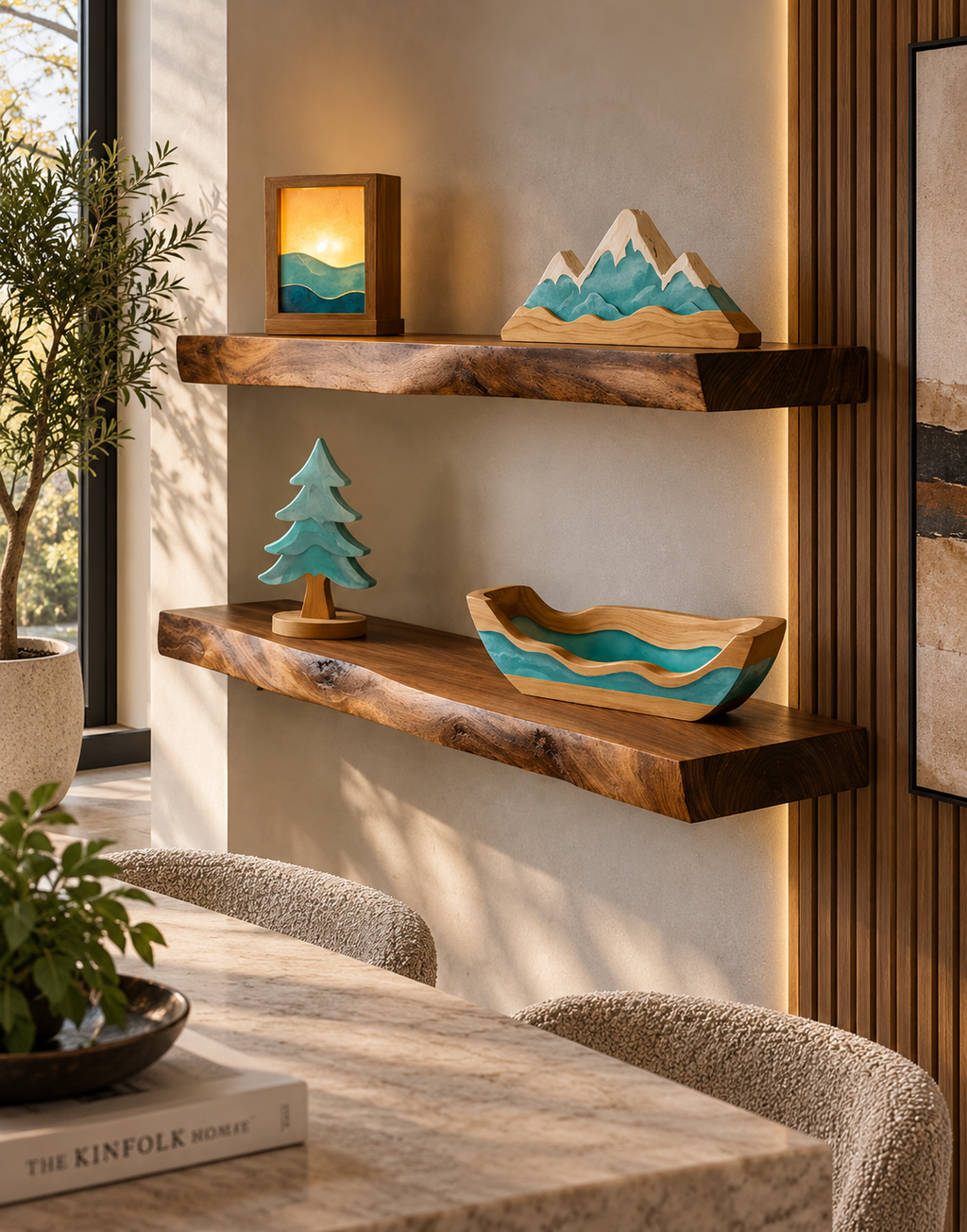 Walnut live edge floating shelves in a modern natural interior