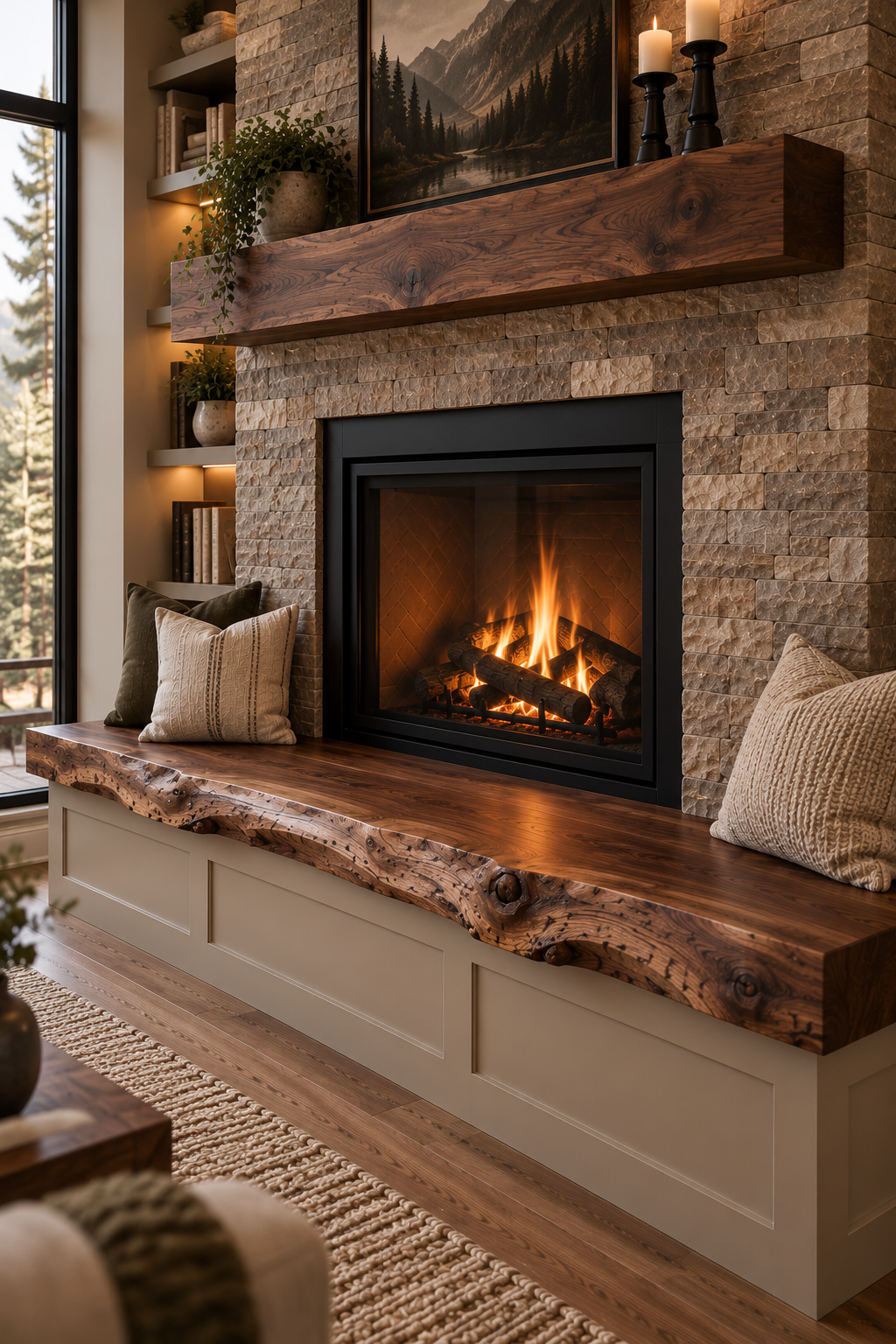 Four views of a brown wood hearth bench, including edge and room details