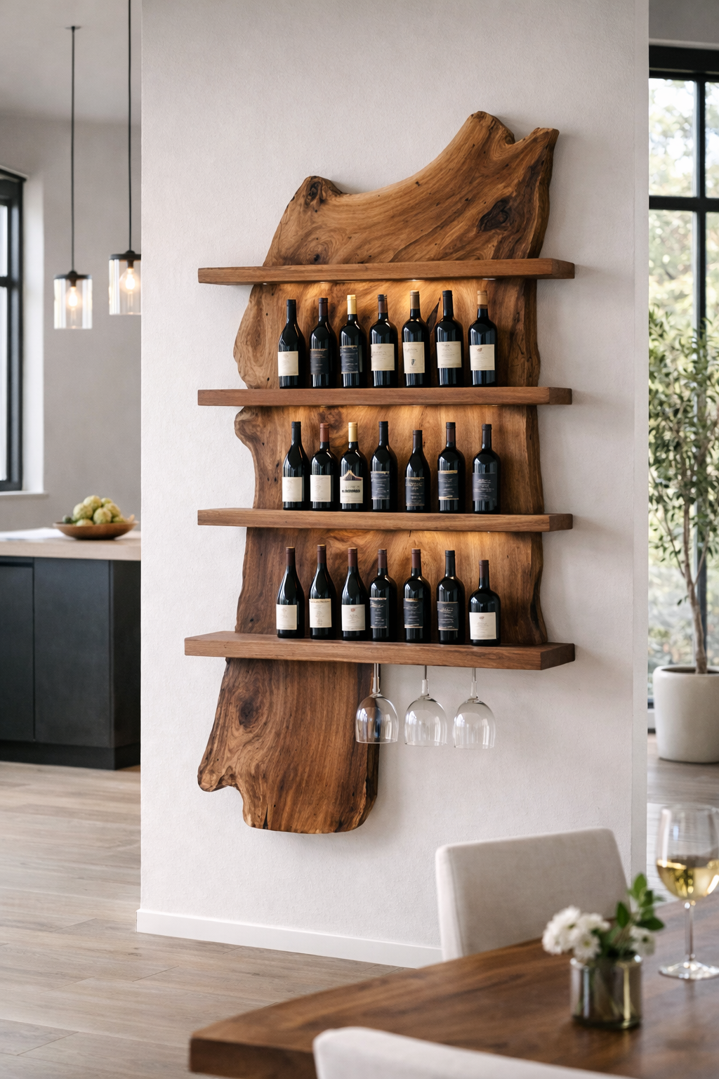 Tall live edge walnut wall wine rack with three bottle shelves and hanging glasses in a bright dining area