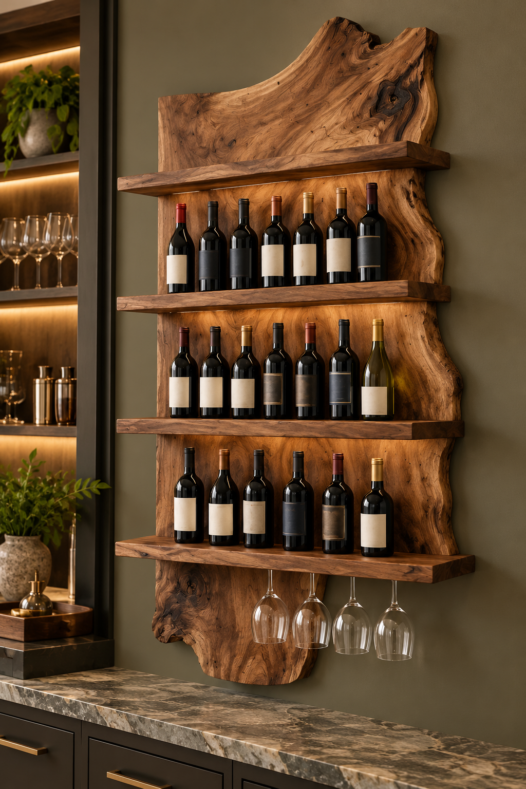 Close view of a live edge walnut wine rack with three bottle shelves and stemware against a dark bar wall